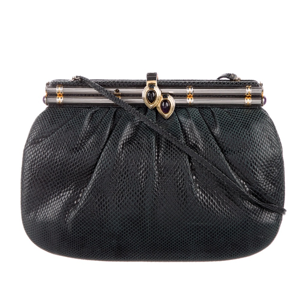 Judith Lieber Black Karung Crossbody Bag Purse Amethyst Clasp Vintage 1980’s